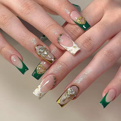CTTHNBD uñas postizas verde punta francesa con flores y corazones para un look elegante