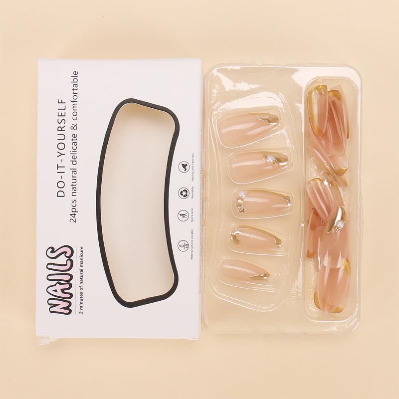 CTTHNBD conjunto de uñas almendra frances doradas para fiesta y uso diario.