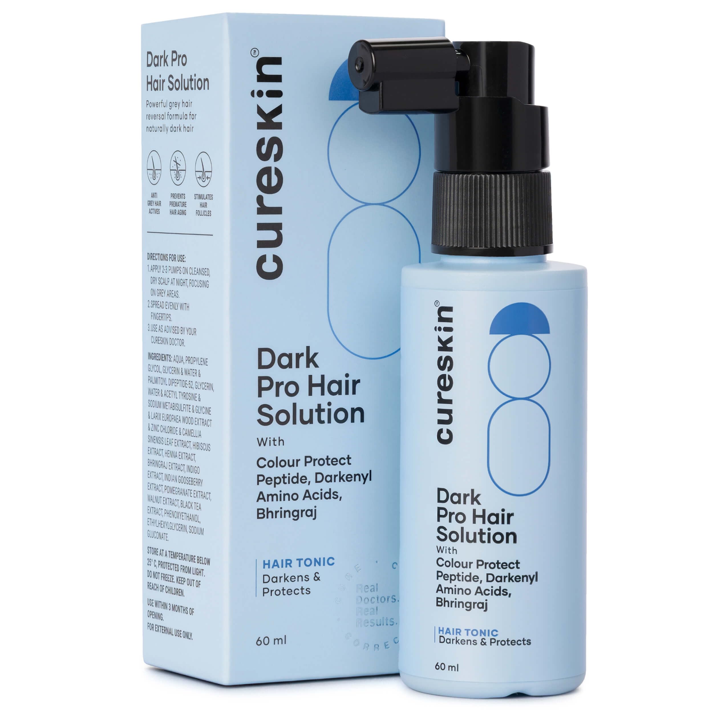 Cureskin suero anti canas en botella, enfoque en canas y uso diario