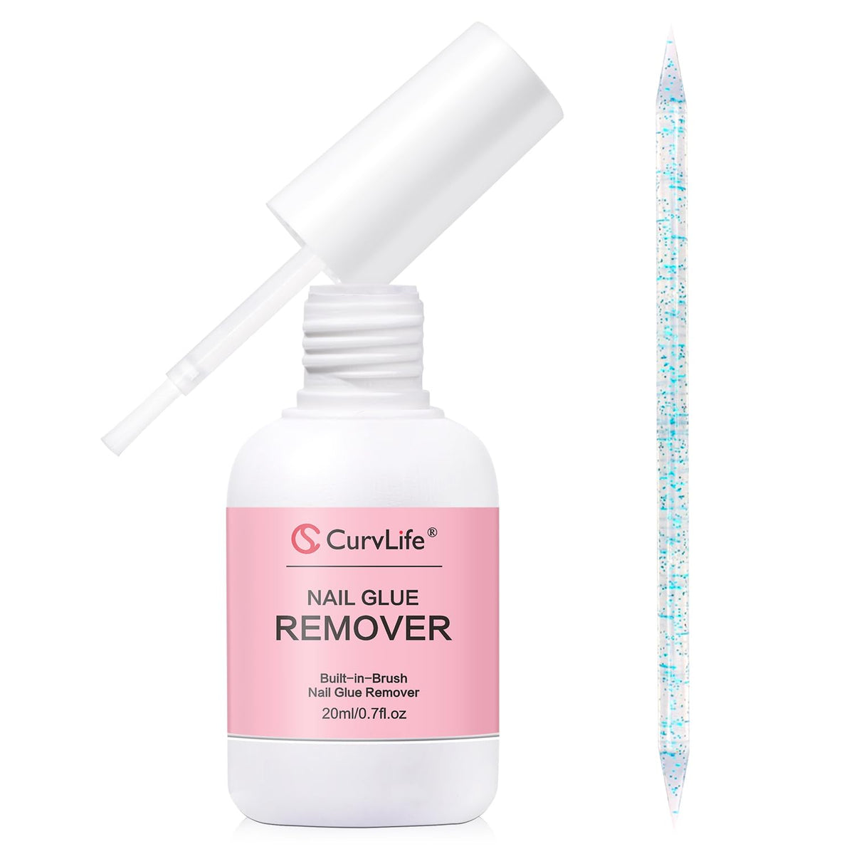 Curvlife botella quitapegamento de uñas con pincel de 20 ml, seguro y preciso.