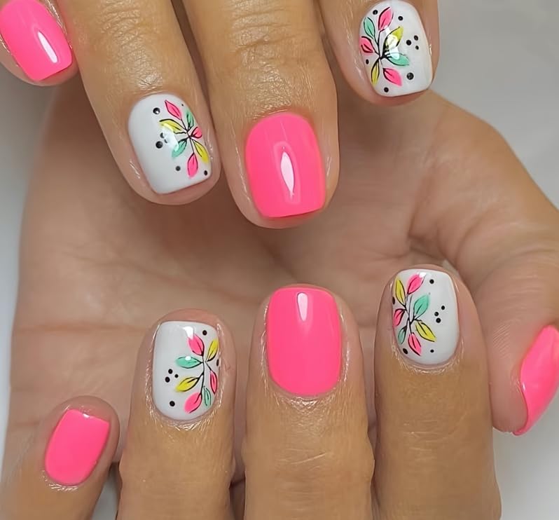 Curvlife Uñas de gel con punta francesa en rosa con puntos, acabado elegante para uso diario
