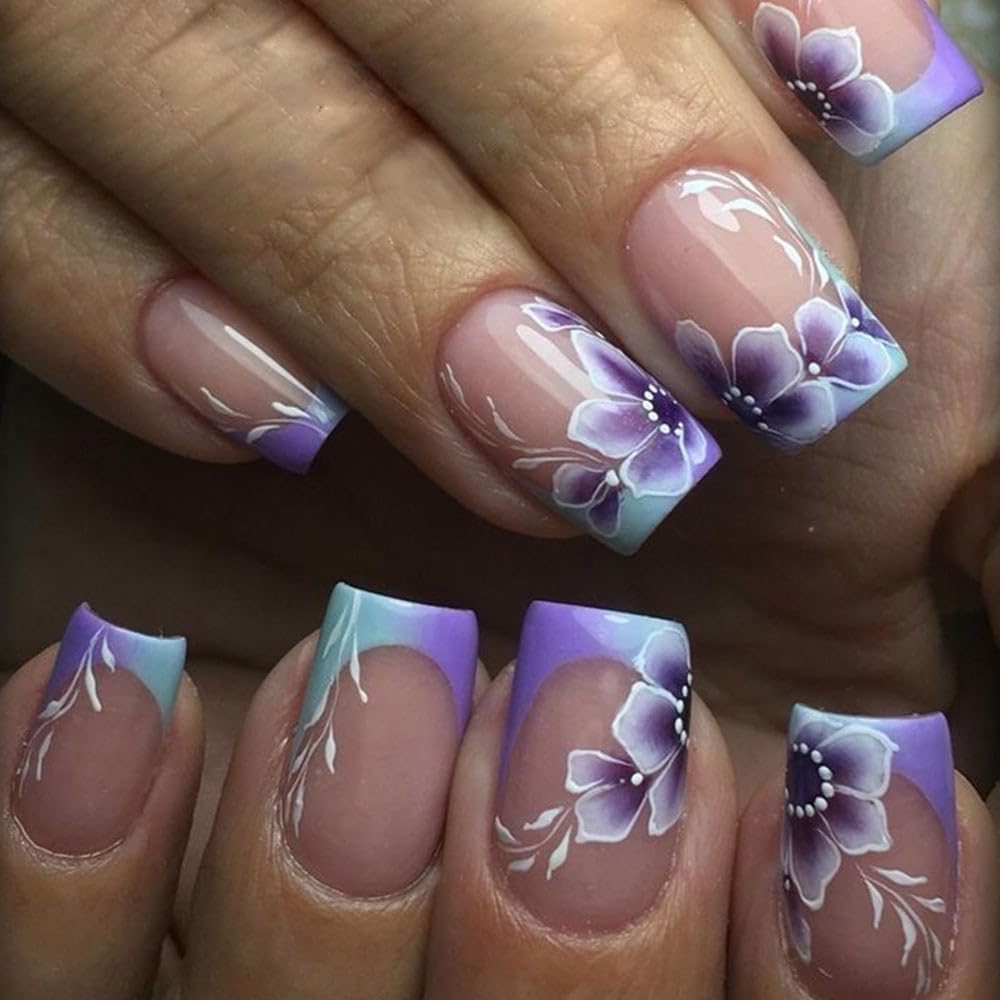 Curvlife uñas postizas con diseño flores verano, acabado gel suave para diario.