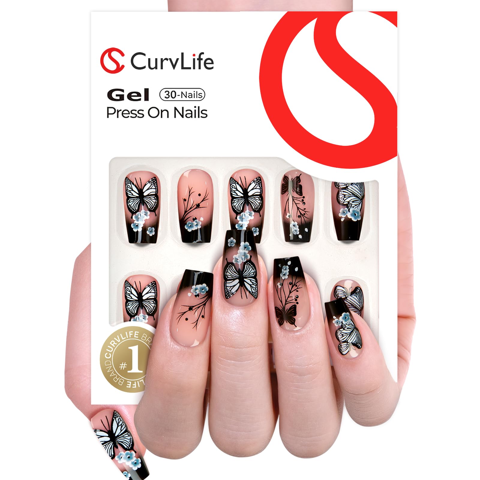 CurvLife uñas prensadas con diseño mariposa negra para estilo distintivo