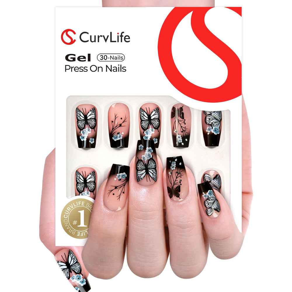 CurvLife uñas prensadas con diseño mariposa negra para estilo distintivo