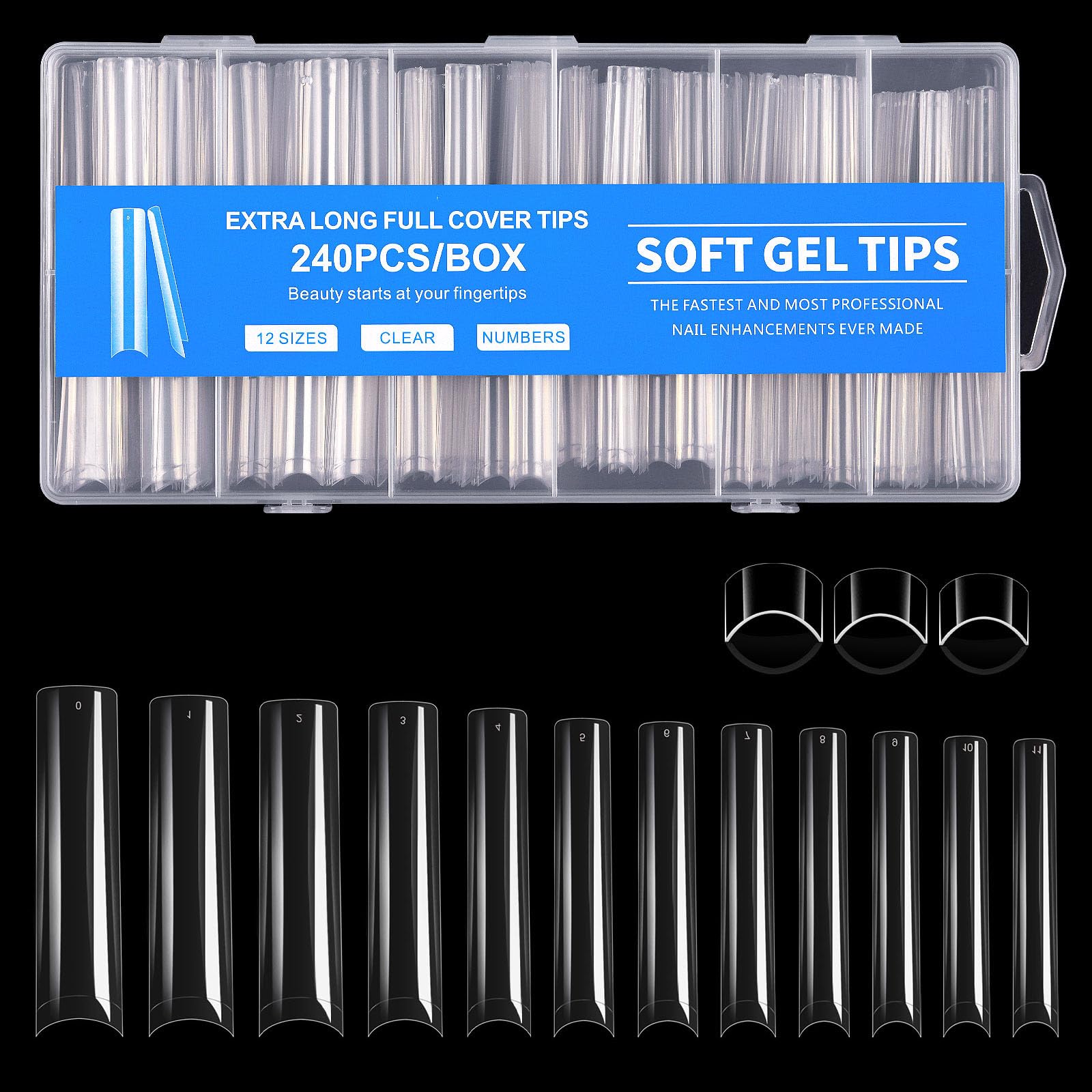 Cycullinyt tips uña cuadrada larga, acabado claro para aspecto natural.