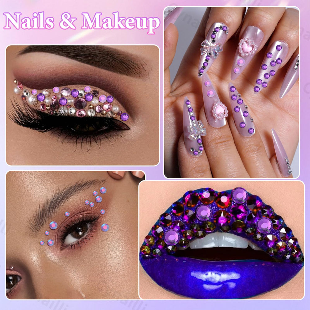 Uso en uñas y maquillaje con piedras moradas de Cynailli para acentos llamativos