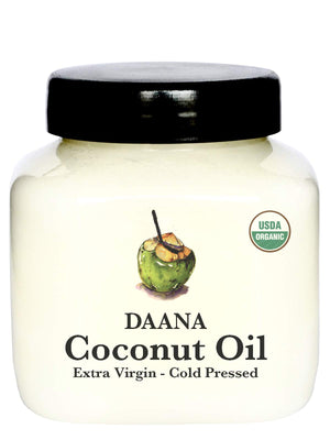 Daana Aceite de Coco Orgánico en frasco, listo para uso diario en la piel.
