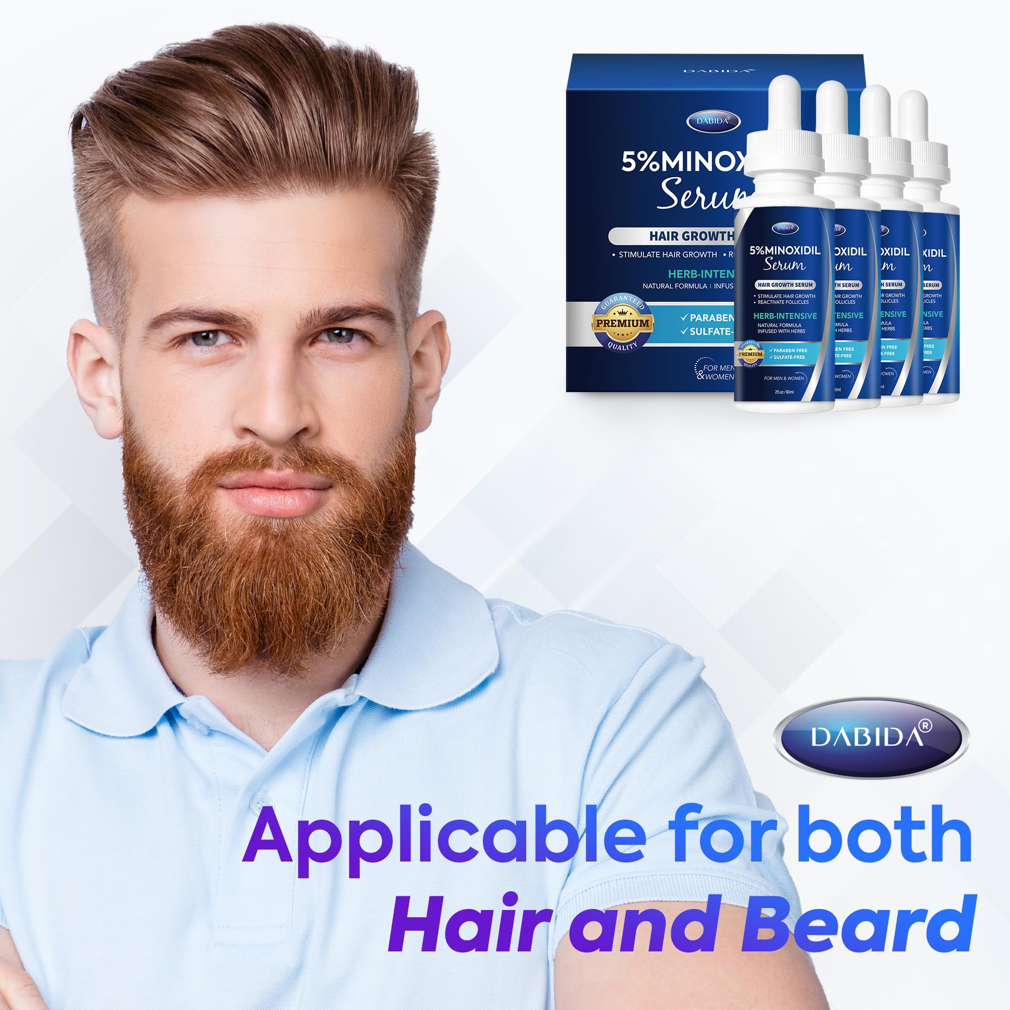 Empaque con cuatro frascos de 60 ml de DABIDA Minoxidil.