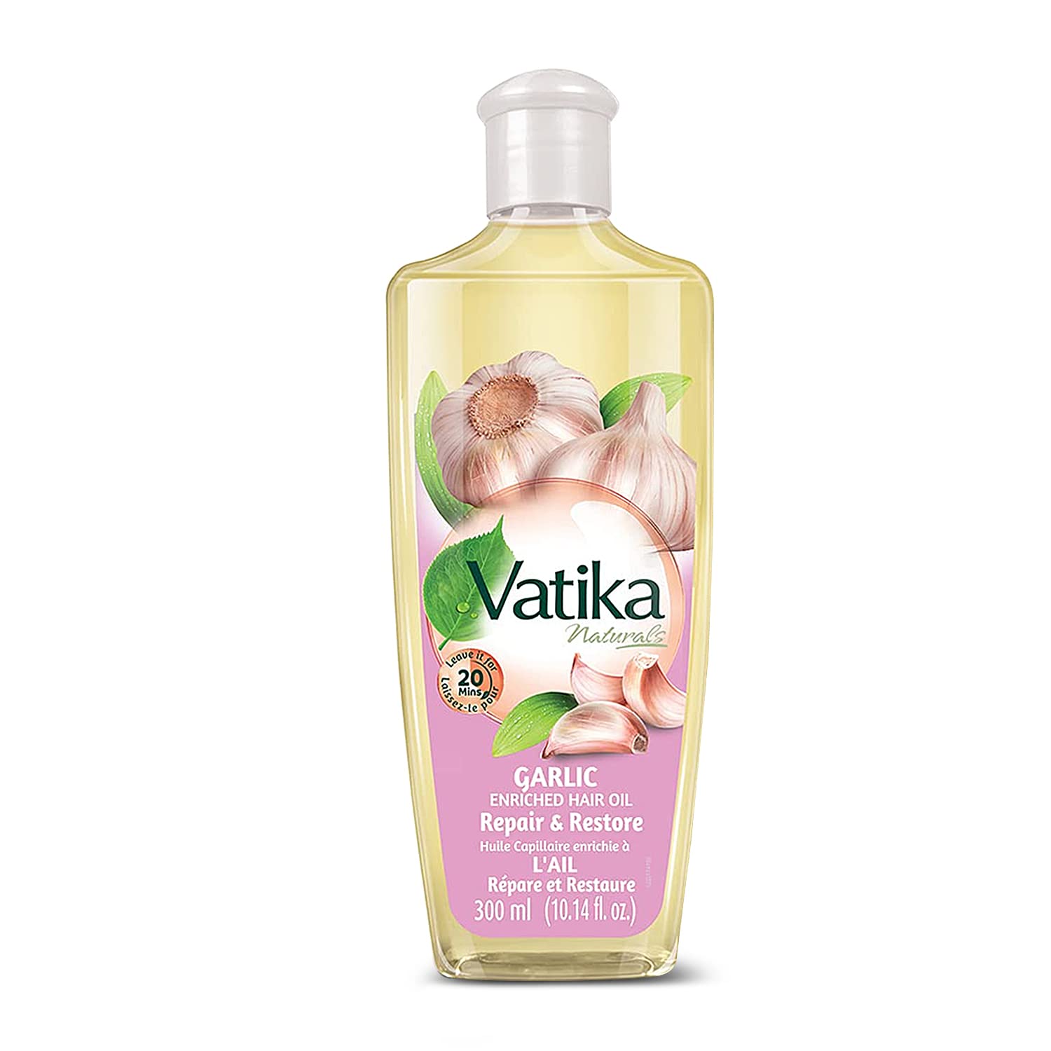 Dabur Vatika Naturals aceite para cabello con ajo, nutre el cuero cabelludo y suaviza el cabello.