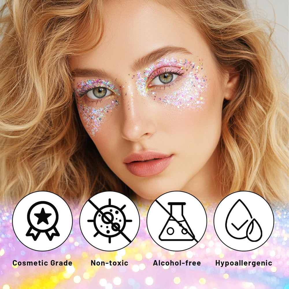 DAGEDA Dazzle Glitter Stick aplicado al cabello crea un acabado iridiscente y fresco.