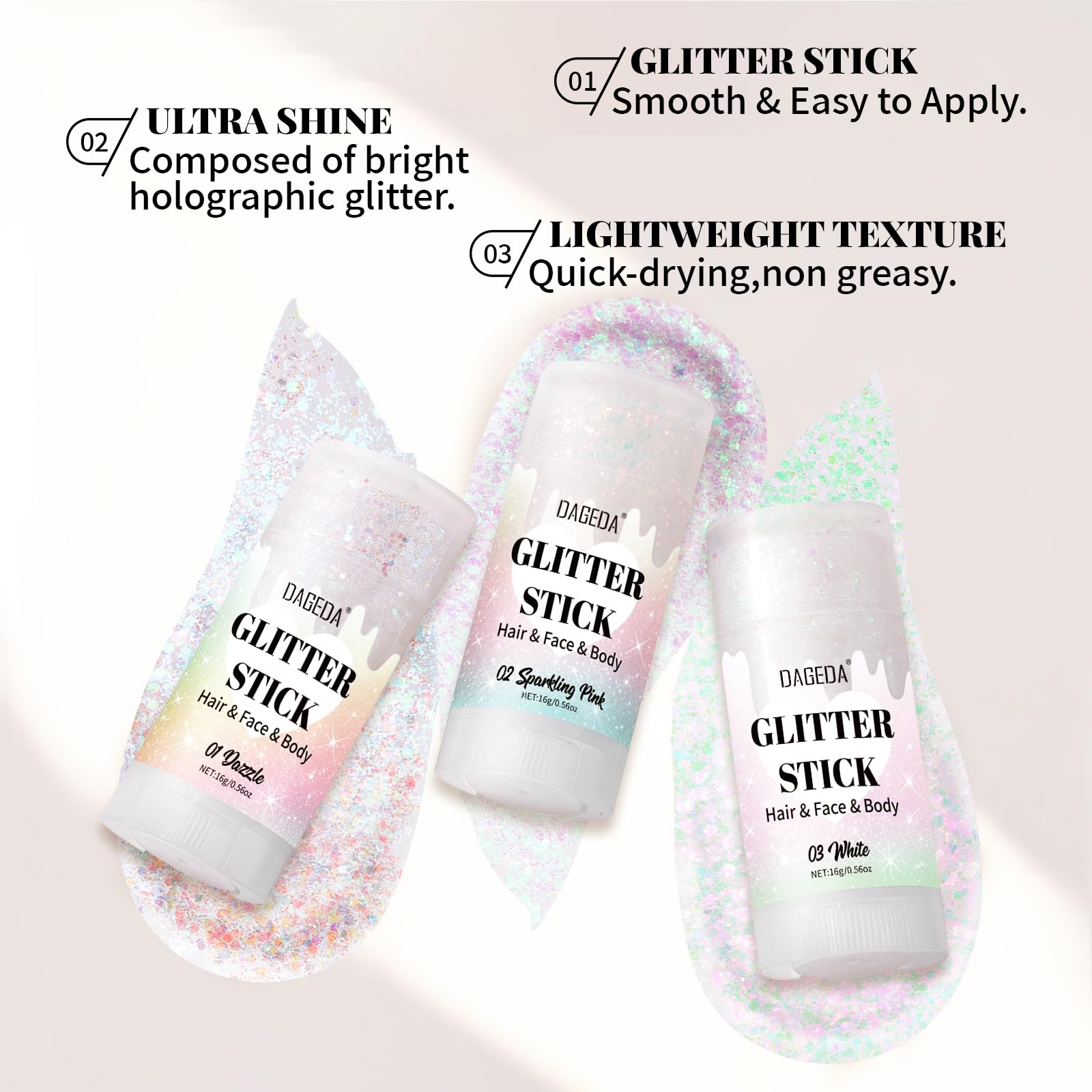 DAGEDA Dazzle Glitter Stick en cuello y brazos aporta brillo ligero para looks nocturnos.