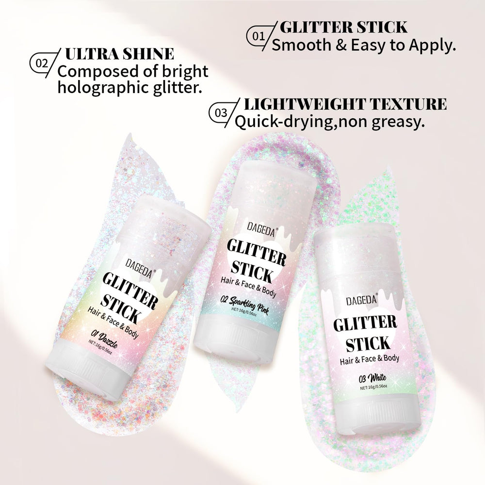 DAGEDA Dazzle Glitter Stick en cuello y brazos aporta brillo ligero para looks nocturnos.