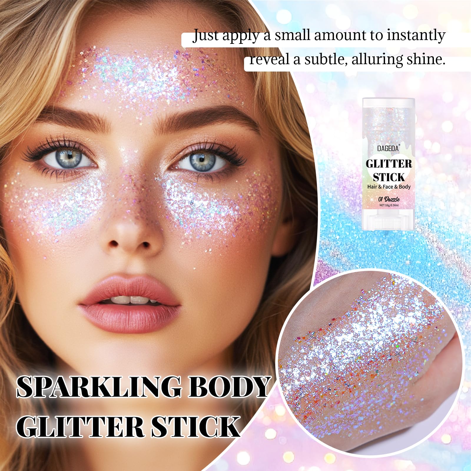 DAGEDA Dazzle Glitter Stick en los ojos añade destellos que realzan la mirada.