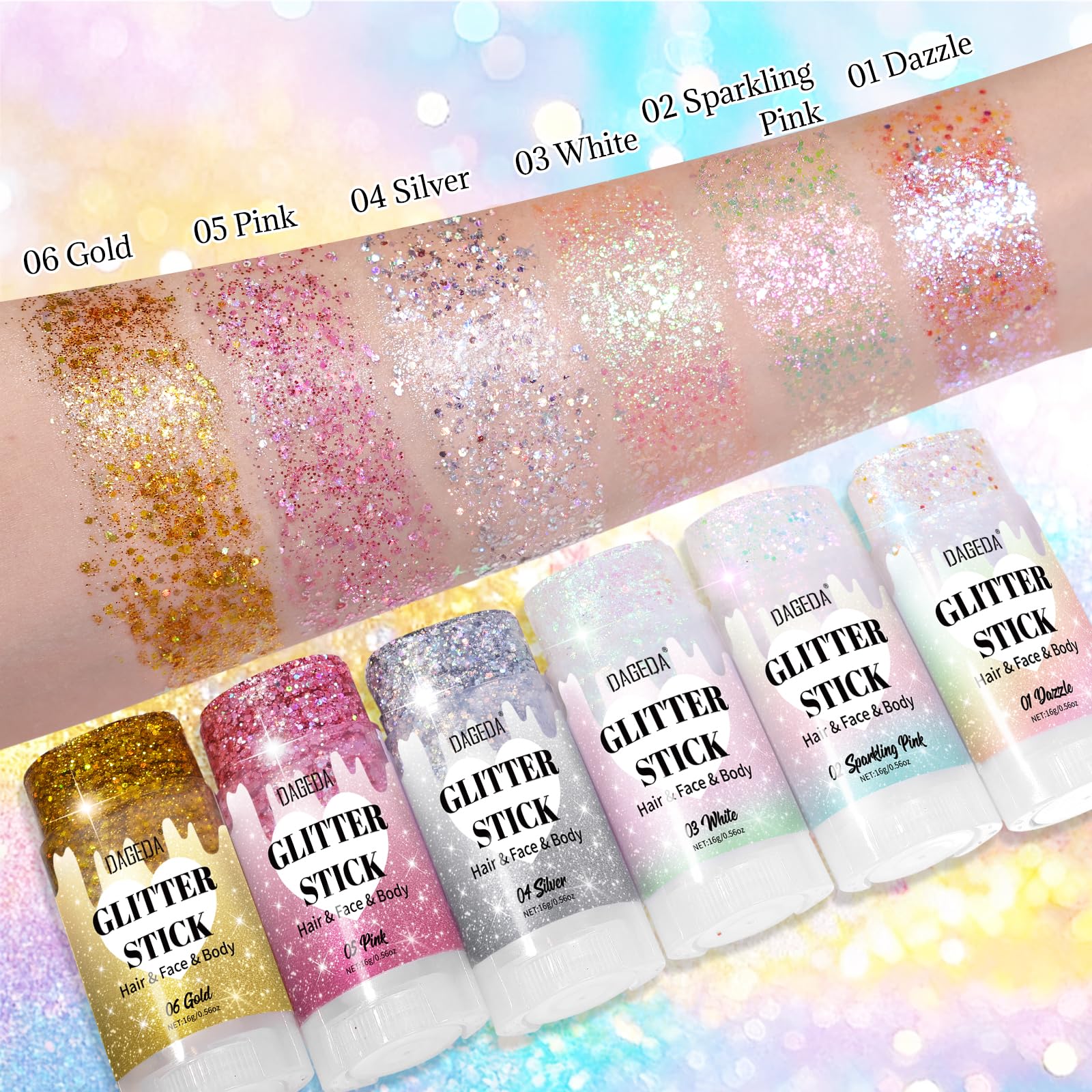 DAGEDA Dazzle Glitter Stick ideal para festivales, colores vibrantes bajo la luz.