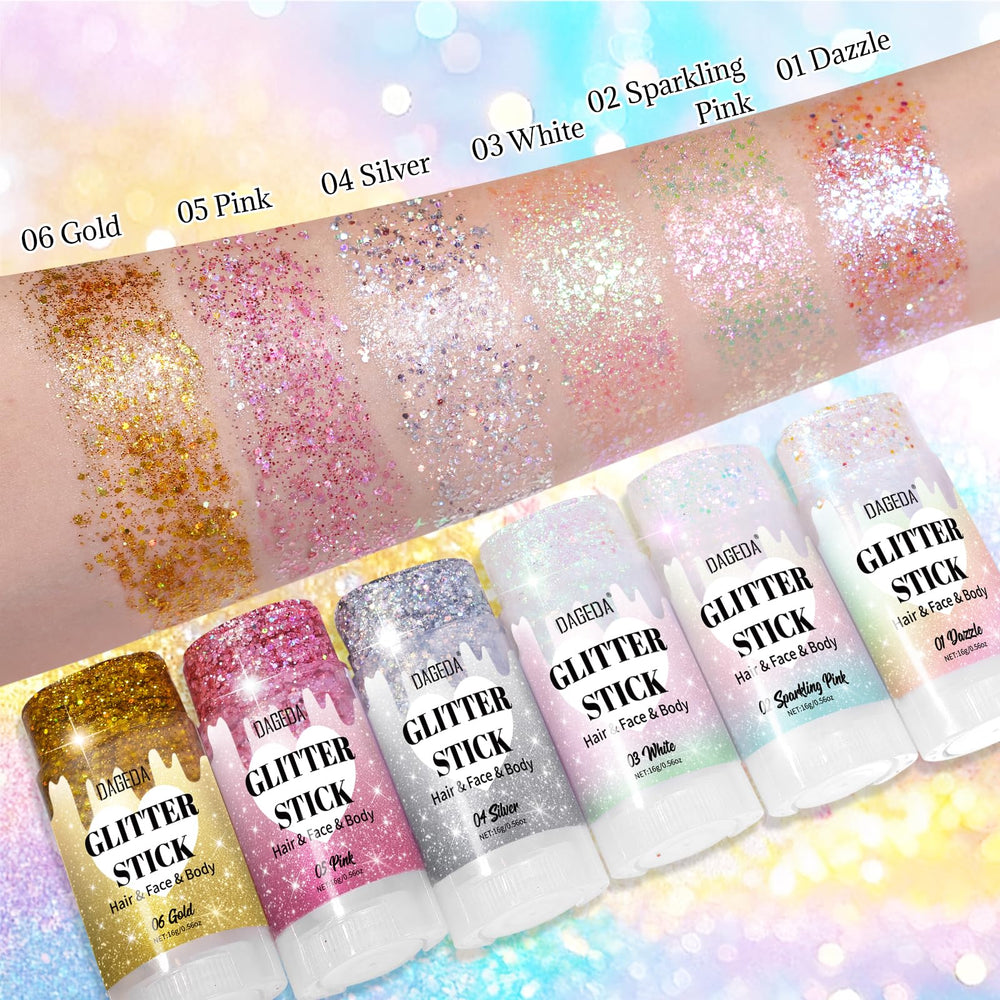 DAGEDA Dazzle Glitter Stick ideal para festivales, colores vibrantes bajo la luz.