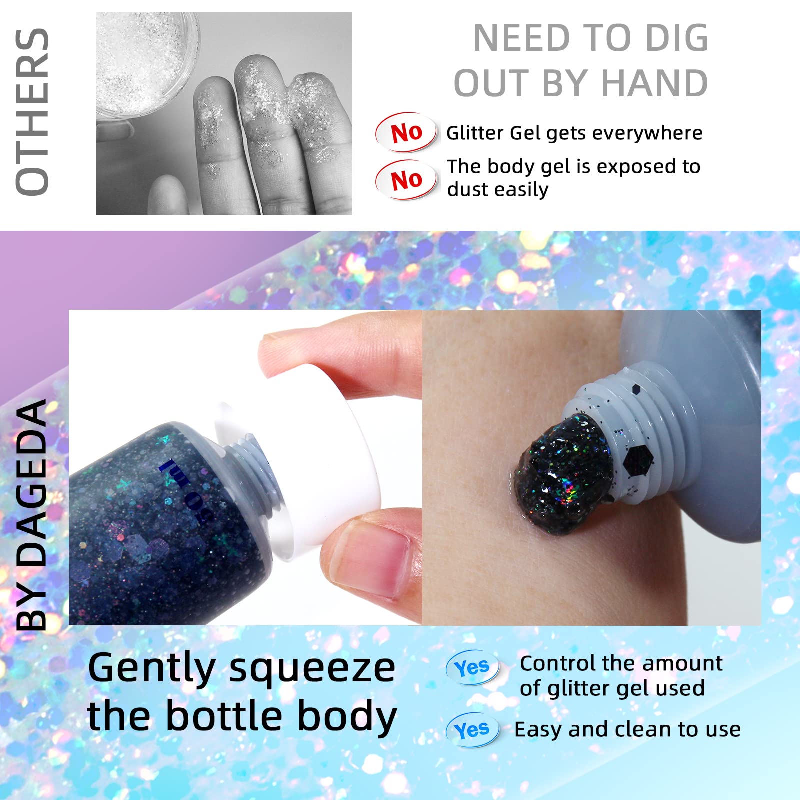 DAGEDA Glitter Gel realza looks de fiesta bajo la luz.