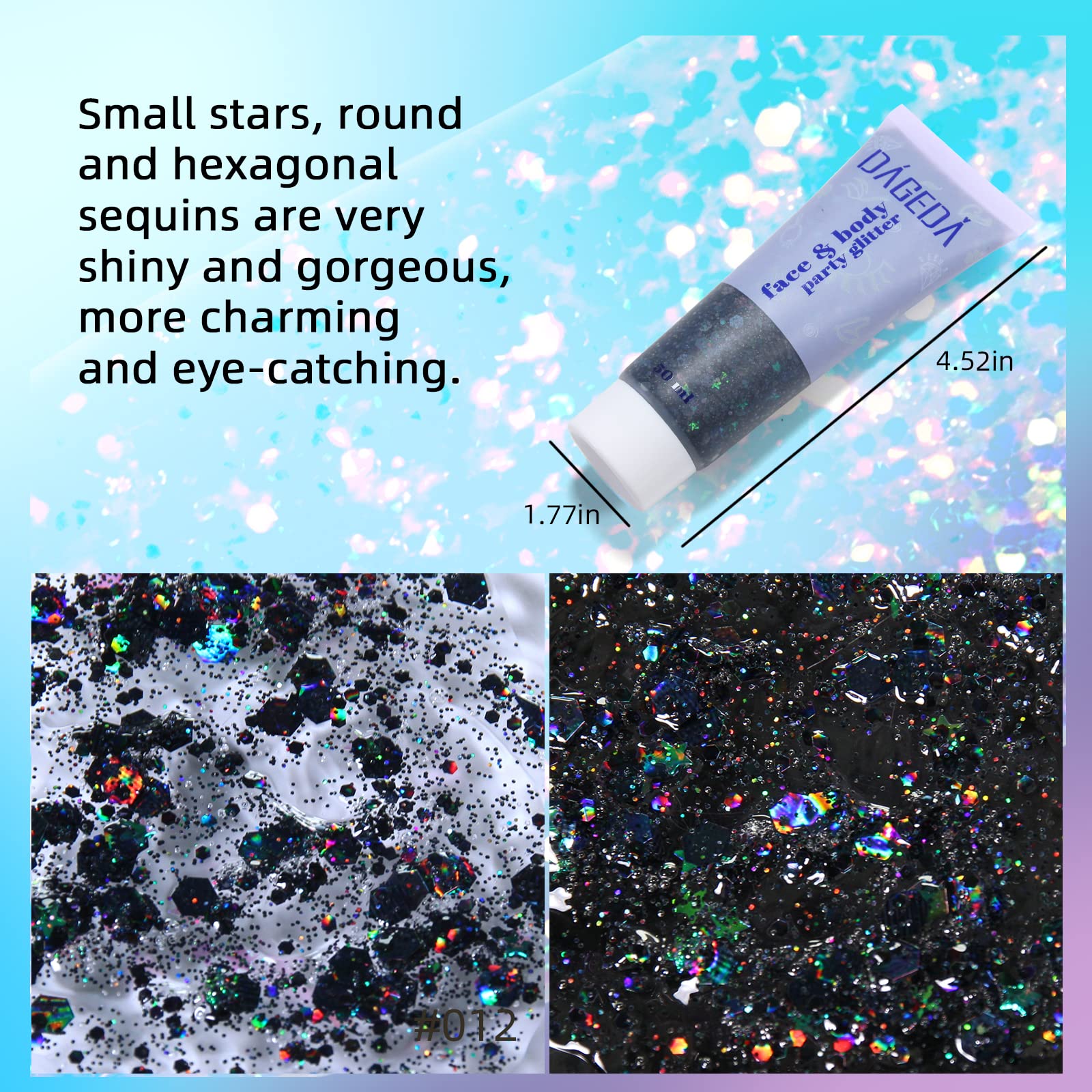 DAGEDA Glitter Gel en mejillas con destellos holográficos para brillo festivo.