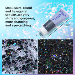 DAGEDA Glitter Gel en mejillas con destellos holográficos para brillo festivo.