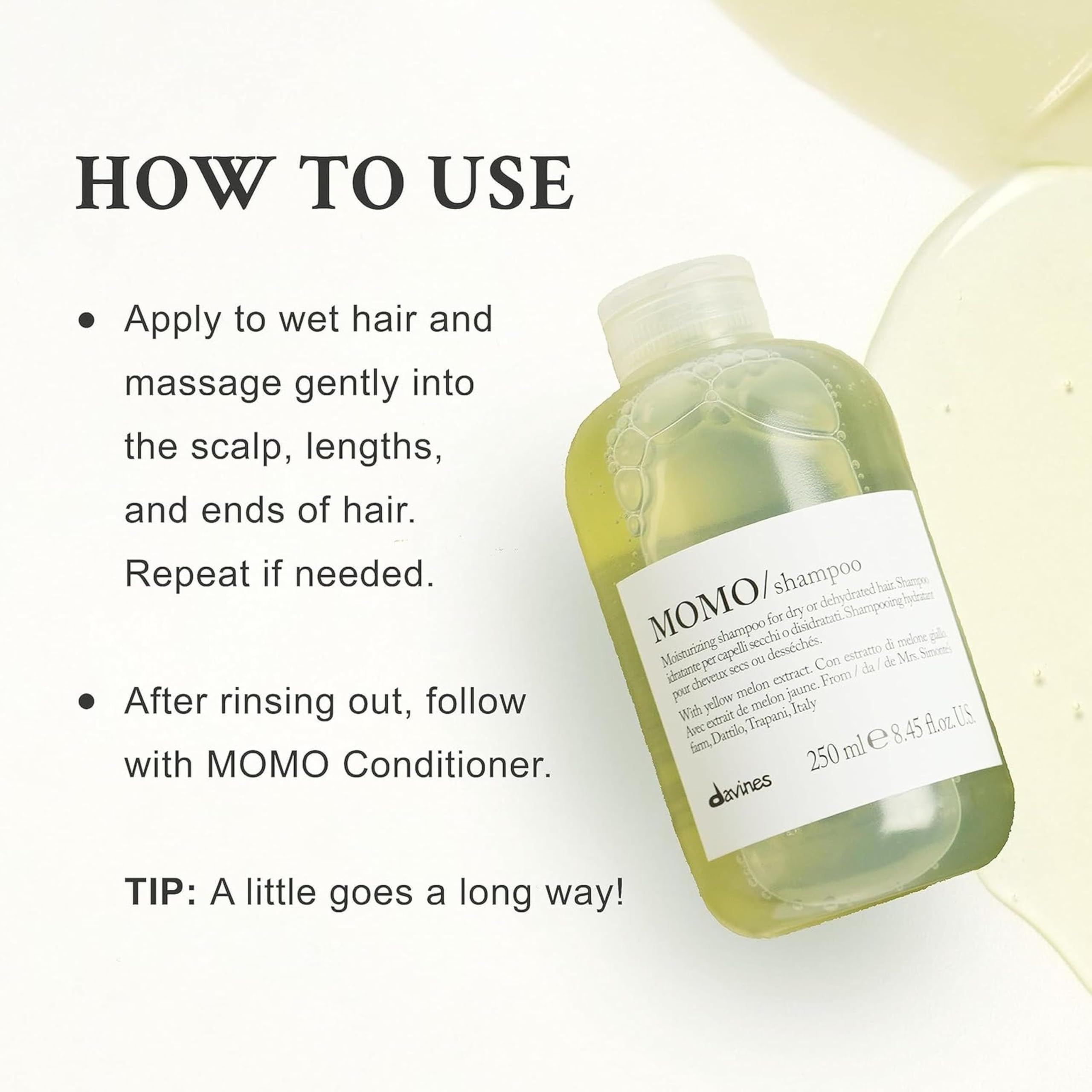 Davines MOMO Champú: etiqueta visible con ingredientes y uso sugerido para cuidado diario.