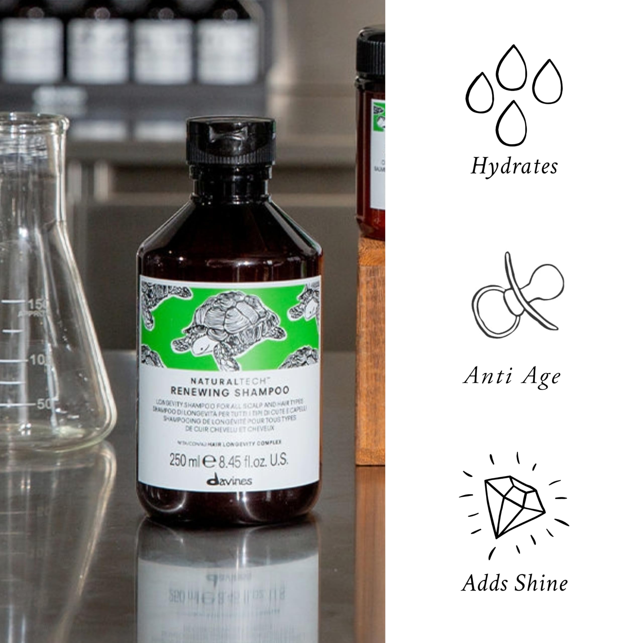 Davines champú renovador: etiqueta del producto en primer plano, foco en ingredientes nutritivos