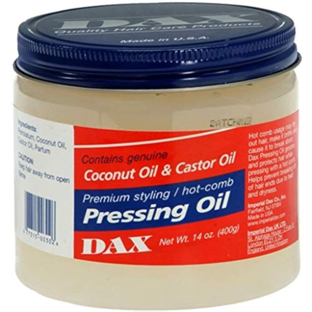 DAX Aceite prensado para el cabello en envase; facilita el peinado y aporta brillo.