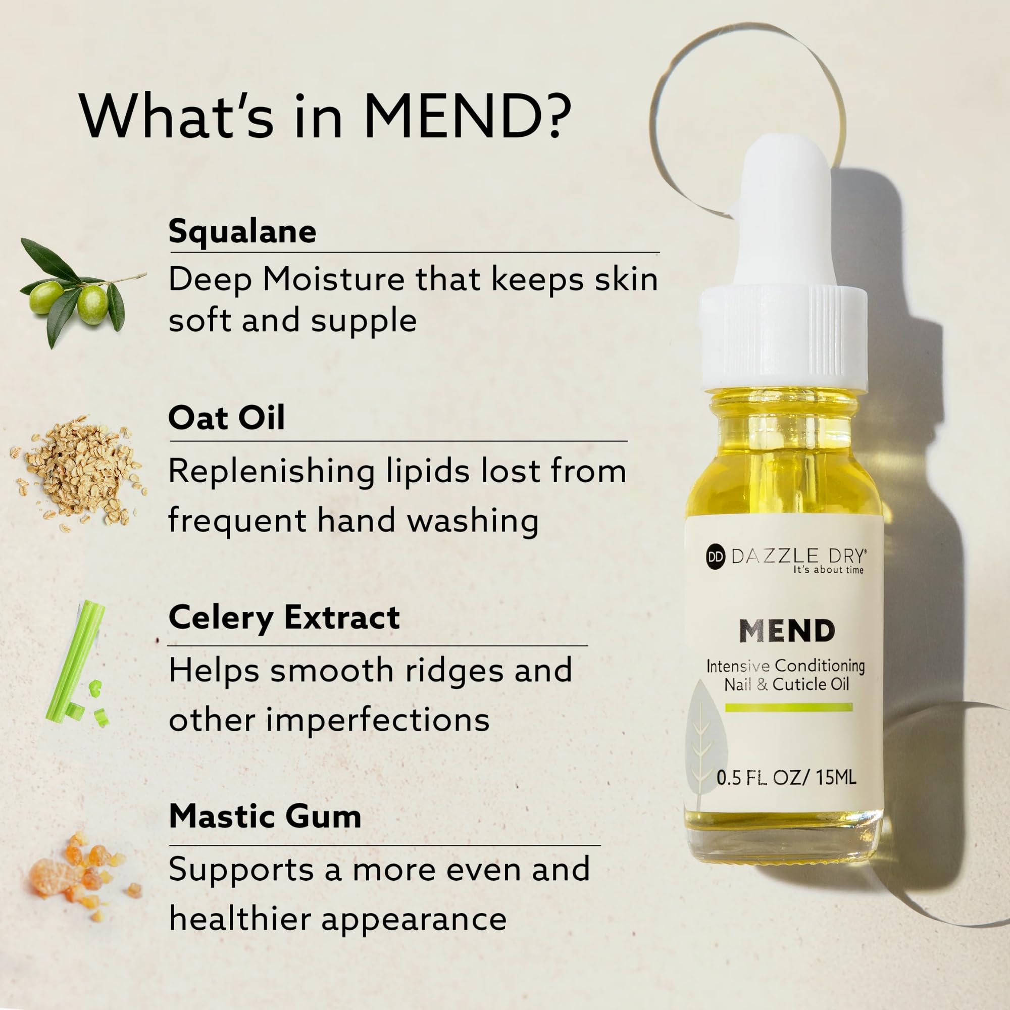 Ingredientes naturales en Dazzle Dry Mend Nail Repair Oil para un cuidado continuo.