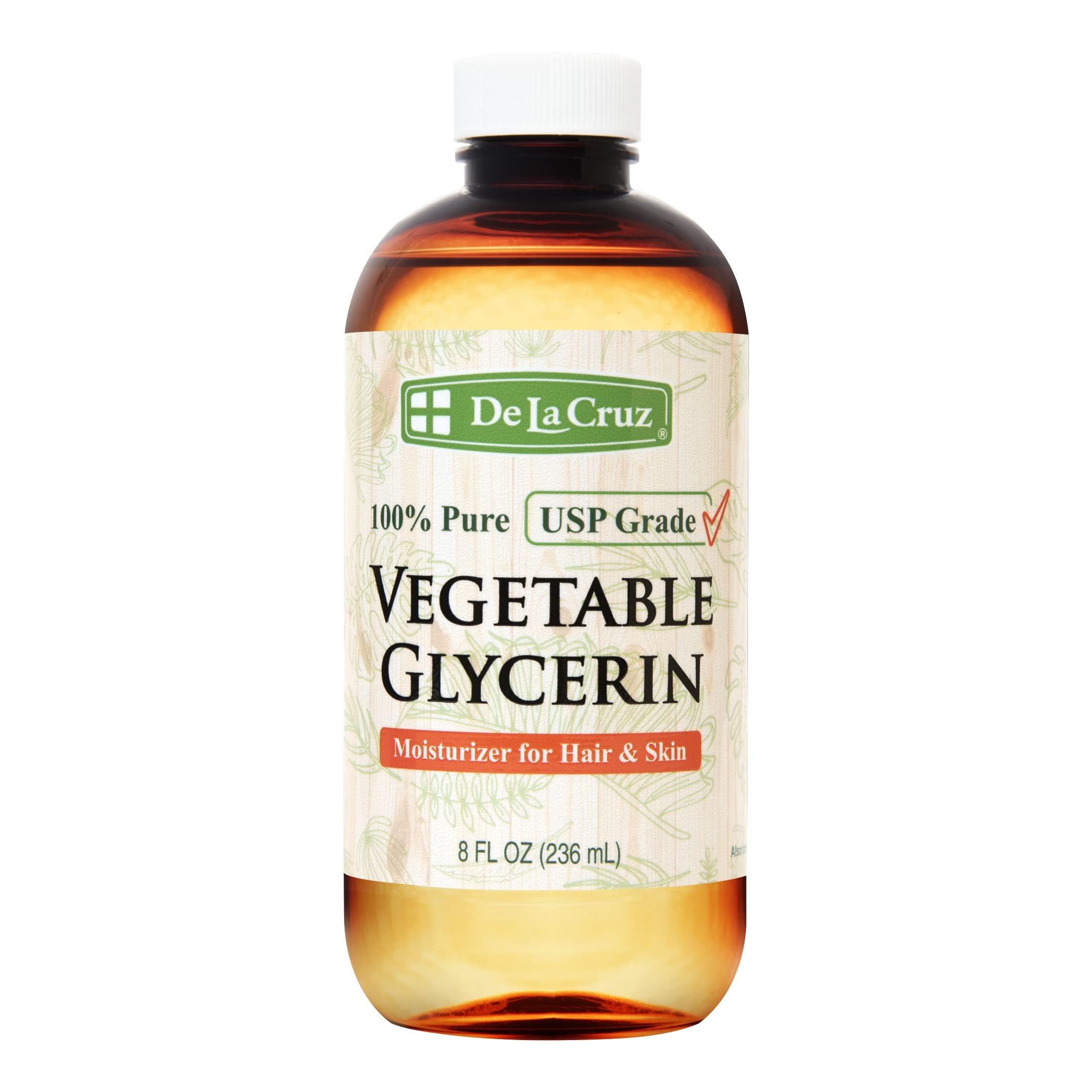 La glicerina vegetal De La Cruz, botella 8oz, hidratación suave para piel y cabello.