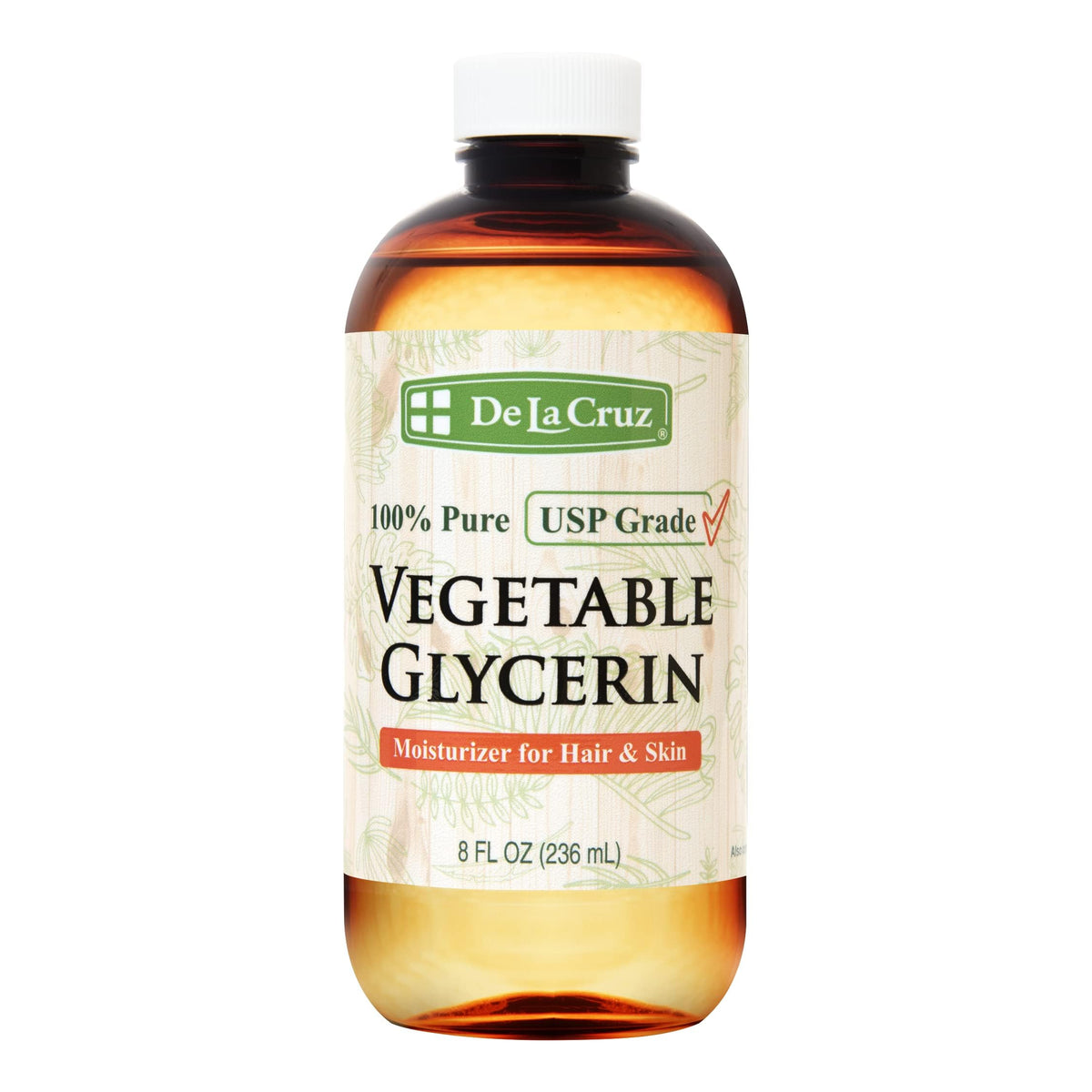 La glicerina vegetal De La Cruz, botella 8oz, hidratación suave para piel y cabello.