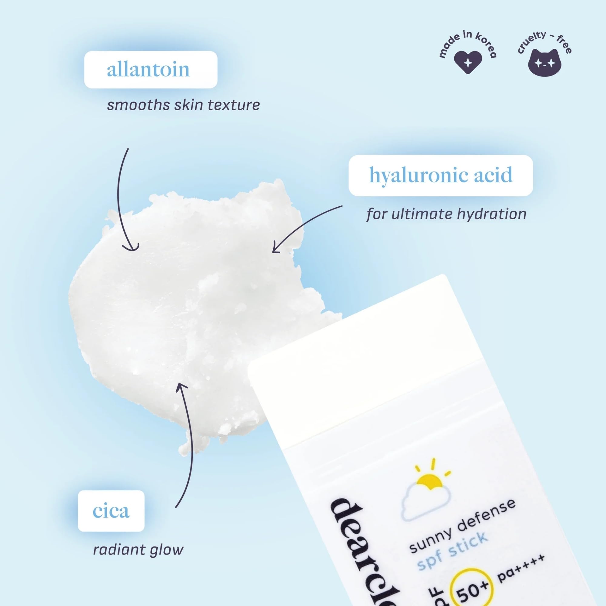 dearcloud Sunny Defense Stick, cica y alantoina para tono uniforme y suavidad.