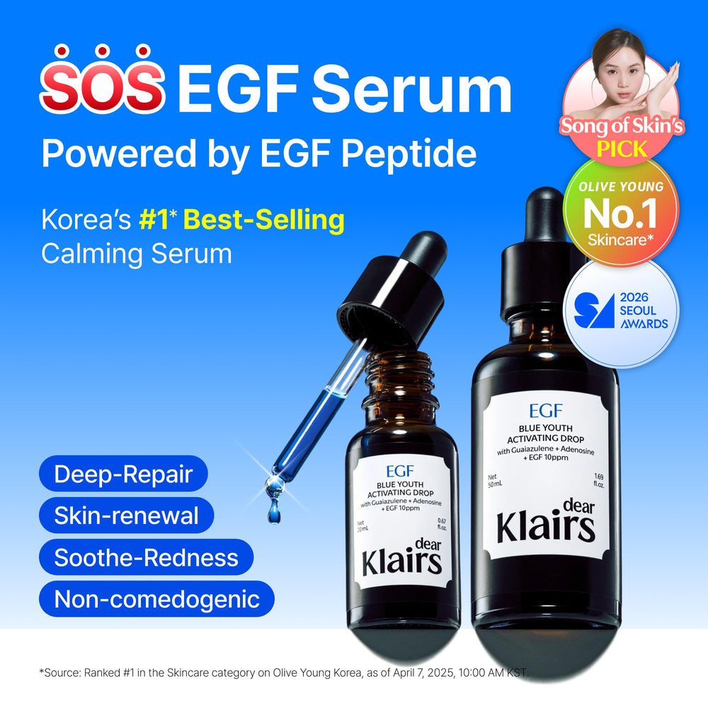 DearKlairs EGF serum con guaiazulene, ingredientes clave para renovación suave.