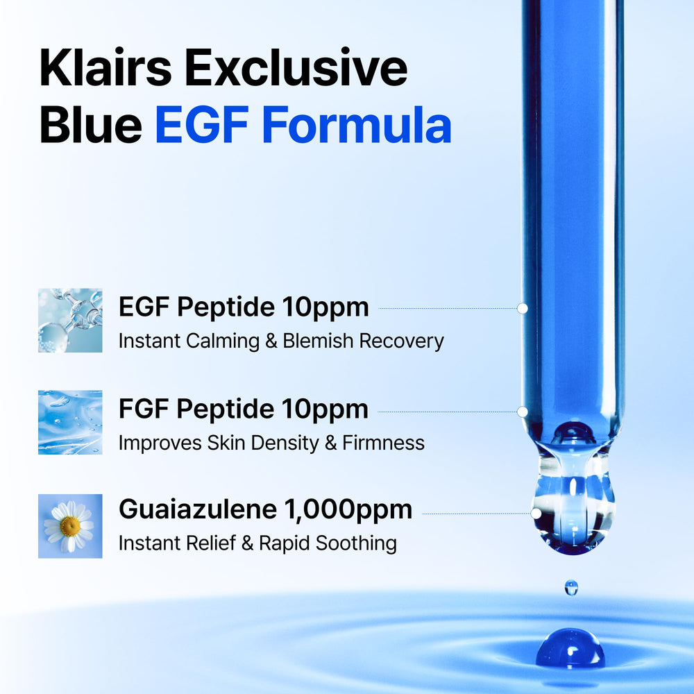 DearKlairs EGF serum textura agua ligera, absorción rápida sin grasa.