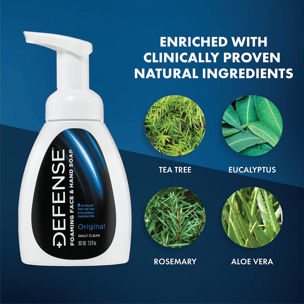 Defense Jabón con aceites Tea Tree y Eucalipto para sensación fresca.