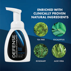 Defense Jabón con aceites Tea Tree y Eucalipto para sensación fresca.