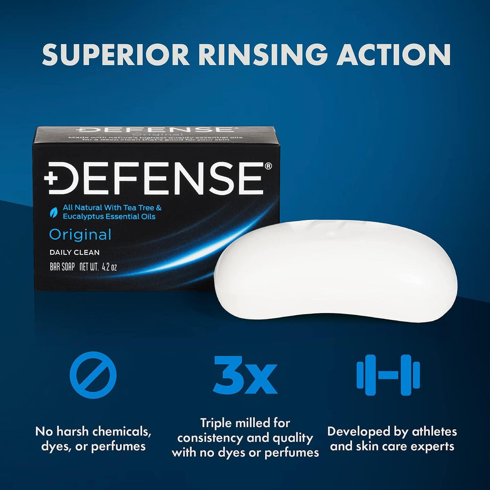 Defense Soap barra con fórmula triple molido para piel limpia.