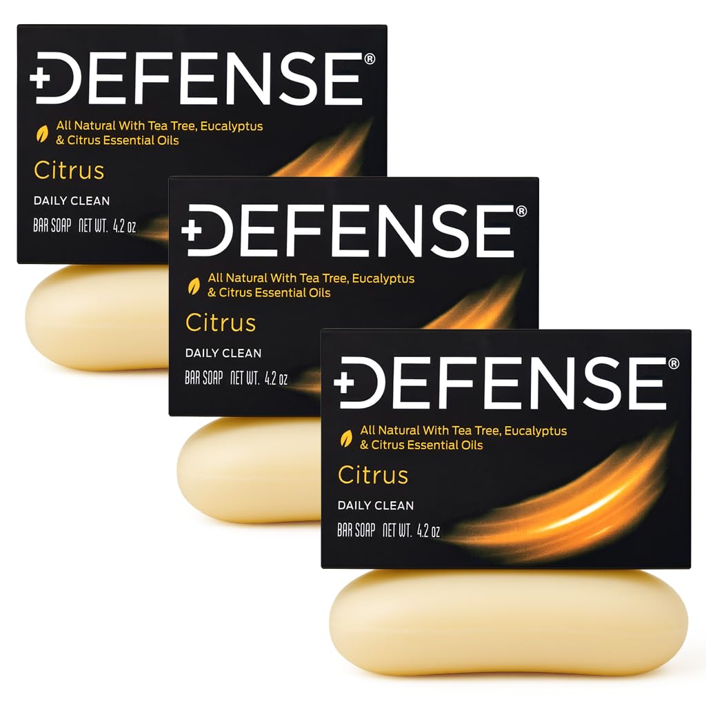 Defense Soap Citrus Bar, ingredientes naturales con árbol de té y eucalipto.