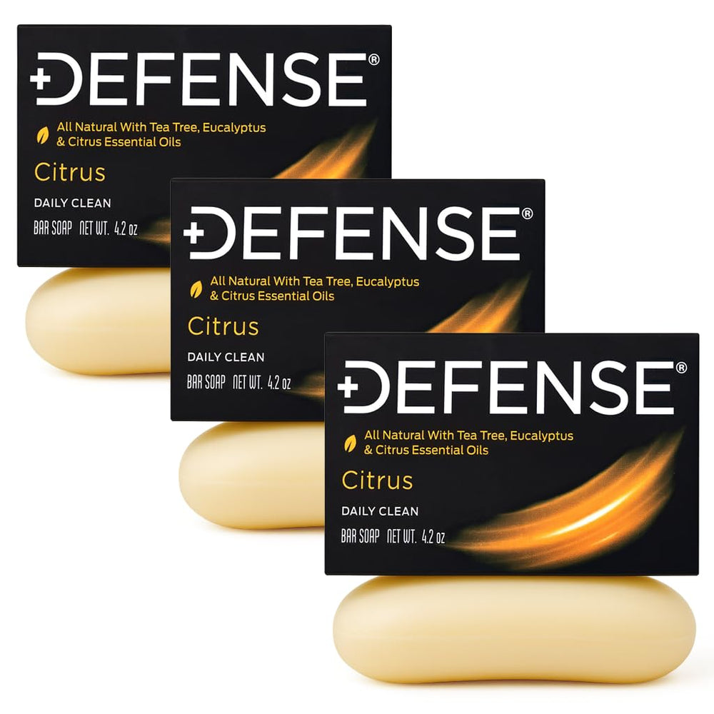 Defense Soap Citrus Bar, ingredientes naturales con árbol de té y eucalipto.