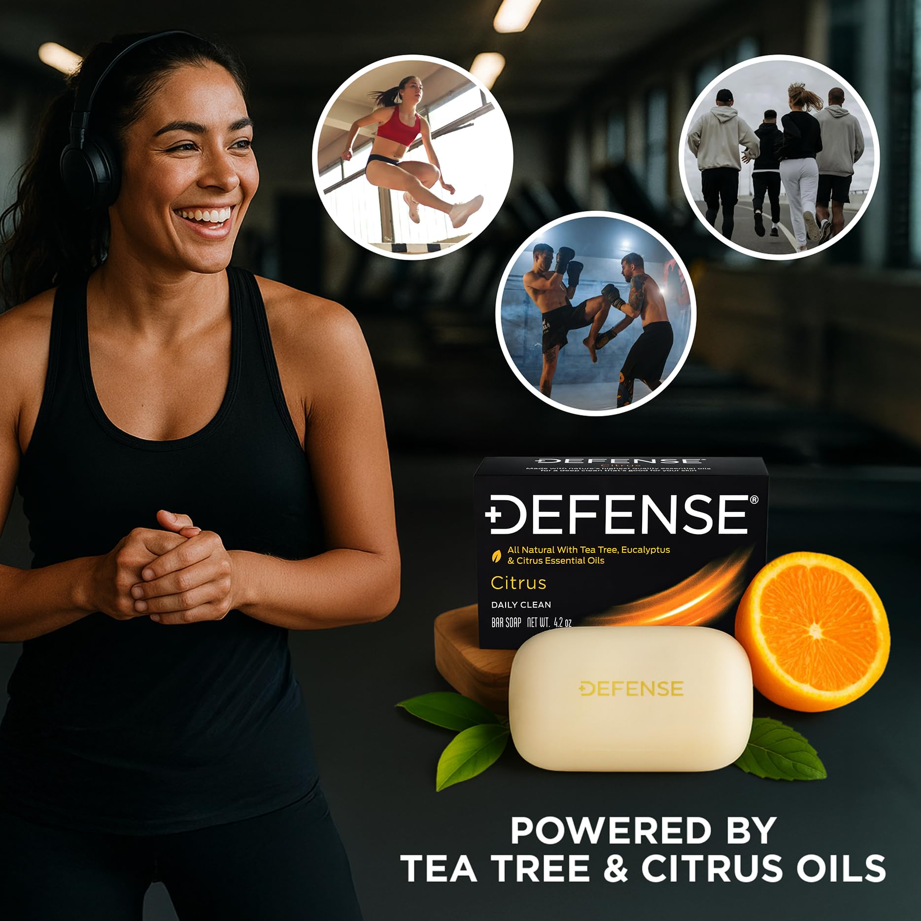 Defense Soap Citrus Bar, primer plano de la barra, aroma cítrico revitalizante.