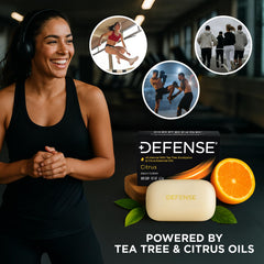 Defense Soap Citrus Bar, primer plano de la barra, aroma cítrico revitalizante.