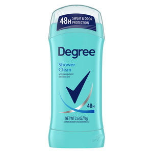 Degree Shower Clean frente del envase, desodorante en barra para uso diario y confianza