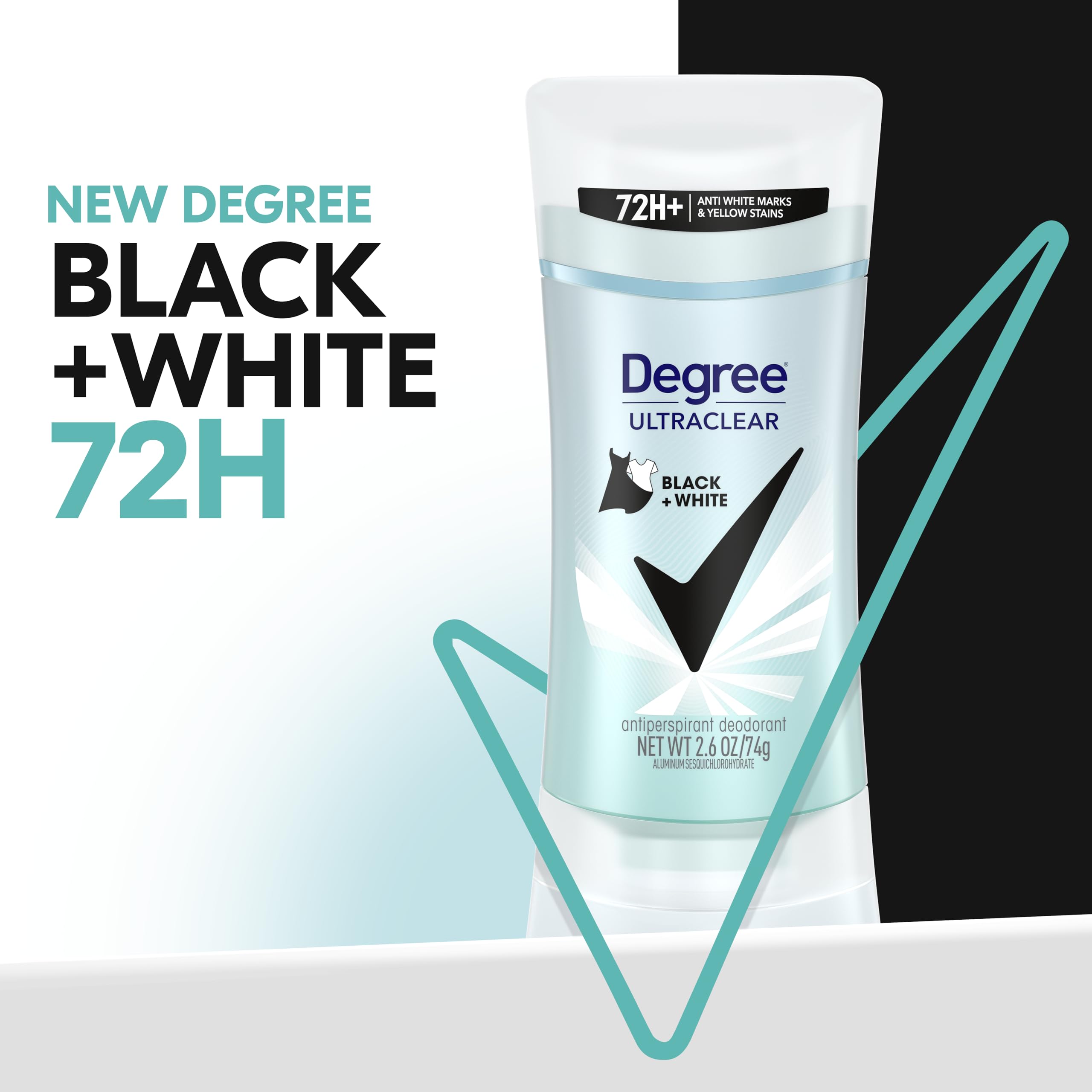 Degree Ultraclear Black+White, barra antiperspirante lista para aplicar y protección diaria.