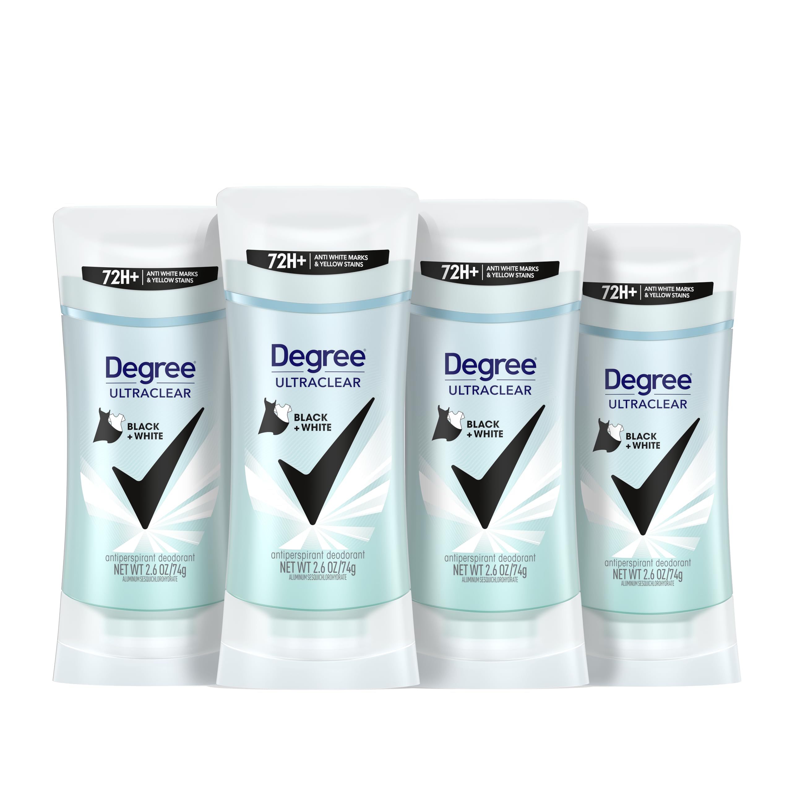 Degree Ultraclear Black+White, pack de 4 barras para uso diario sin manchas.