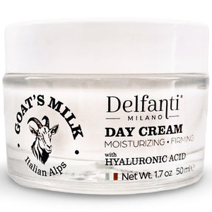 Delfanti-Milano crema de día con leche de cabra y ácido hialurónico, textura cremosa para hidratación y firmeza.