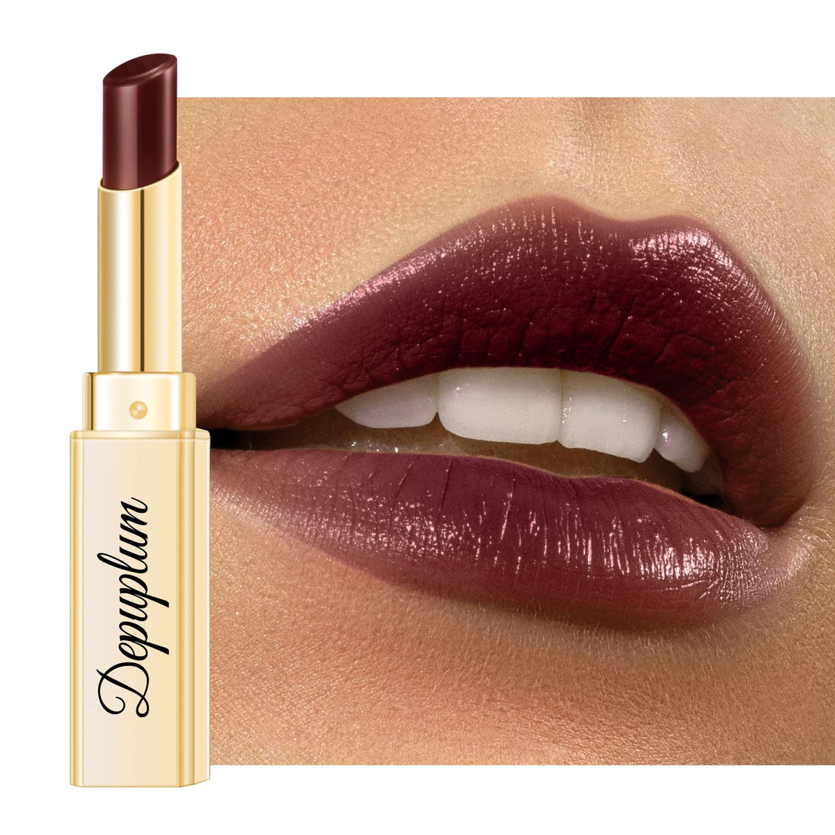 Depuplum barra de labios marrón oscuro: empaque elegante para viaje diario.