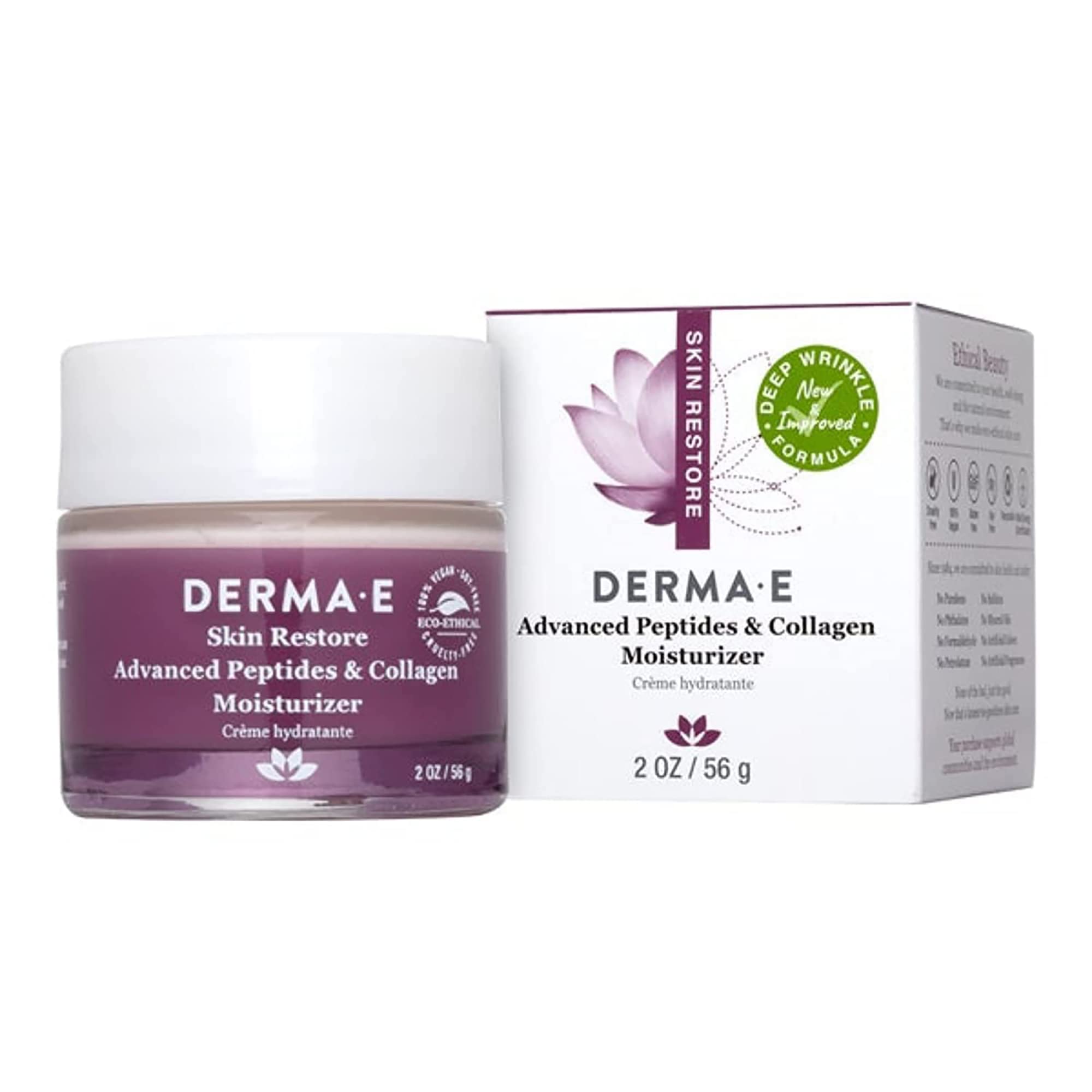 Derma E crema facial con péptidos y colágeno para suavizar líneas.