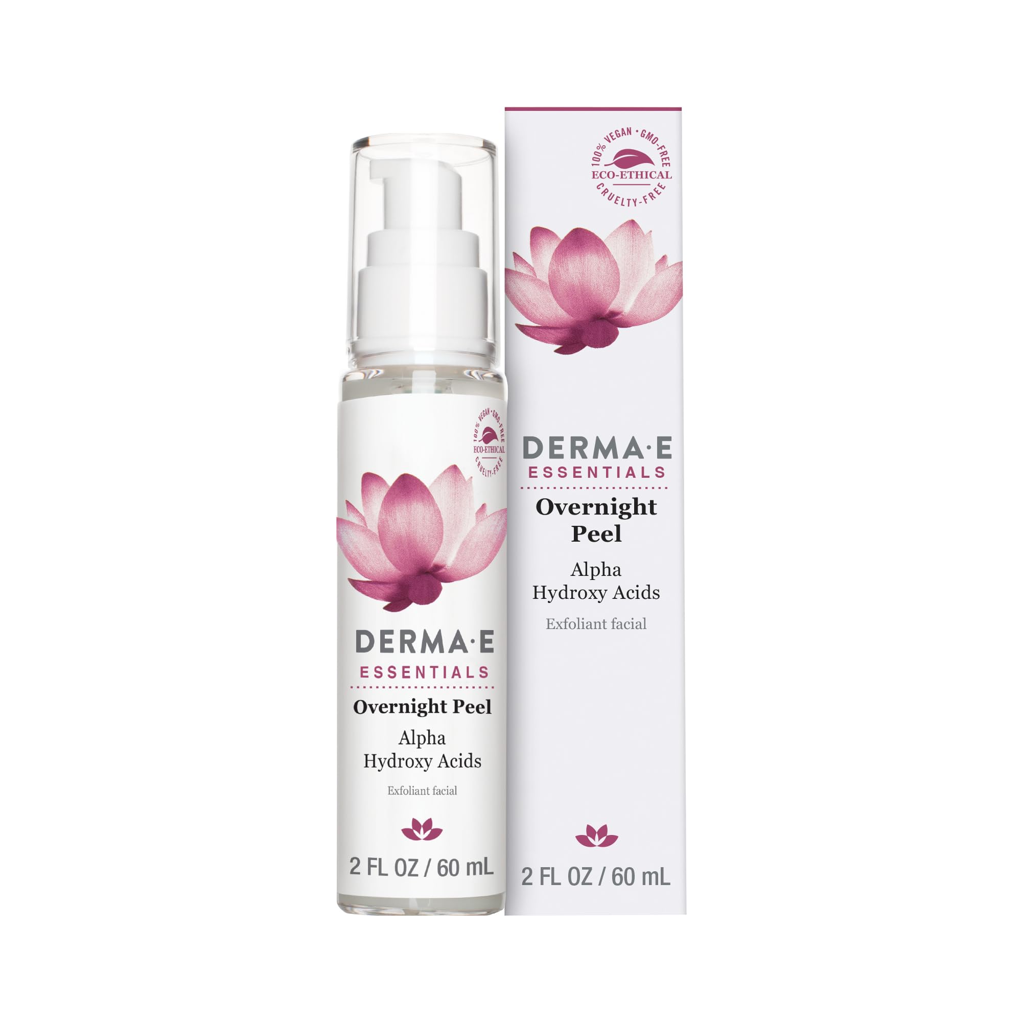 DERMA E Exfoliante Nocturno Esencial: botella de vidrio lista para exfoliar suavemente.