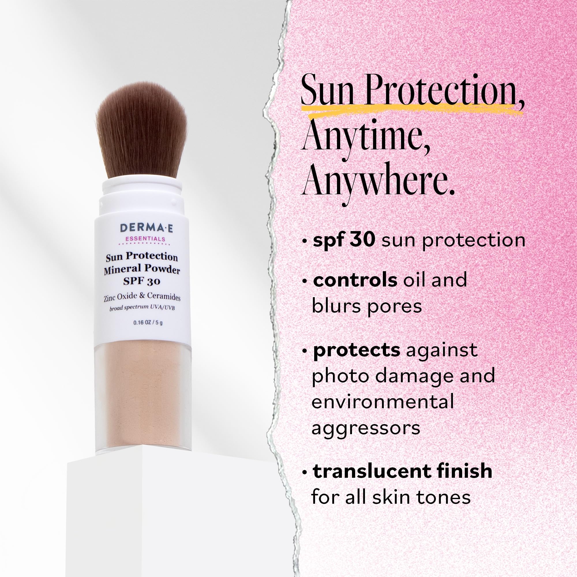 Derma E SPF 30 en polvo ofrece acabado mate y control del brillo en el rostro.