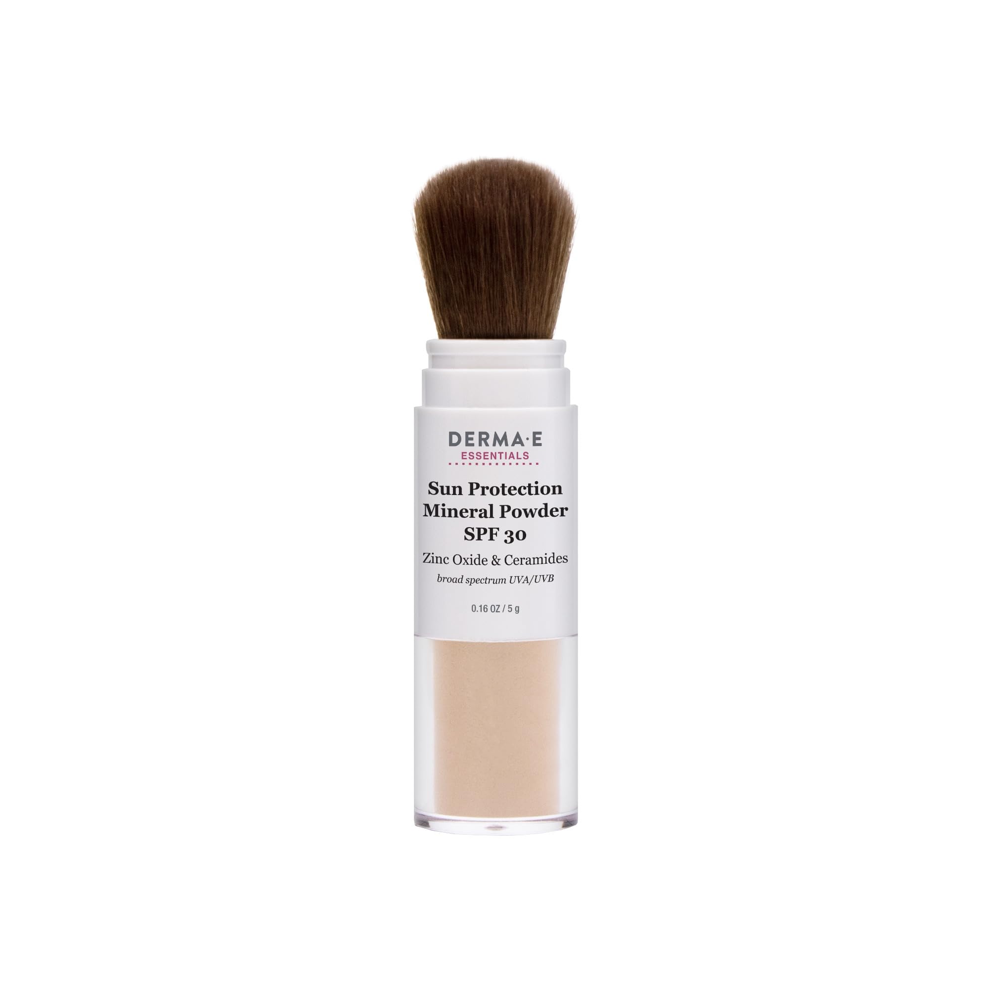 Derma E Mineral Sunscreen Face SPF 30 con aplicador de brocha para aplicación suave y translúcida.