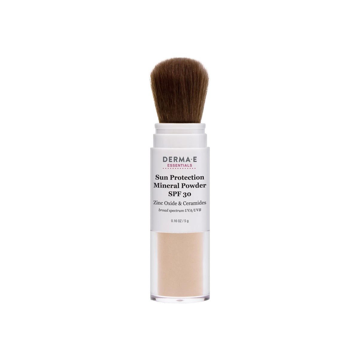 Derma E Mineral Sunscreen Face SPF 30 con aplicador de brocha para aplicación suave y translúcida.