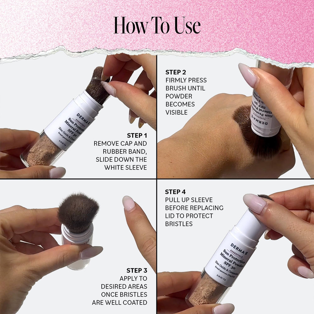 Derma E aplicación rápida y uniforme con brocha, ideal para retoques durante el día.