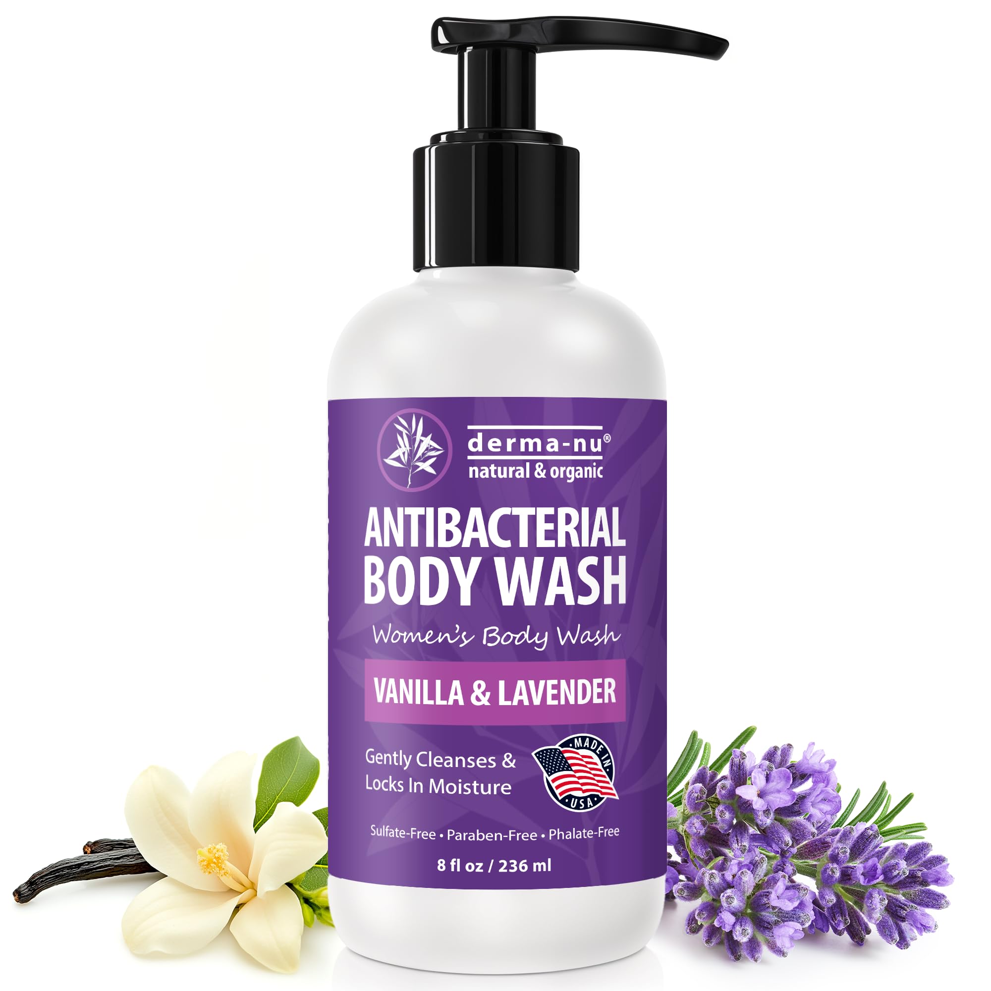 Derma-Nu Jabón Cuerpo antibacteriano, botella lavanda-vanilla: limpieza suave y aroma relajante para la ducha